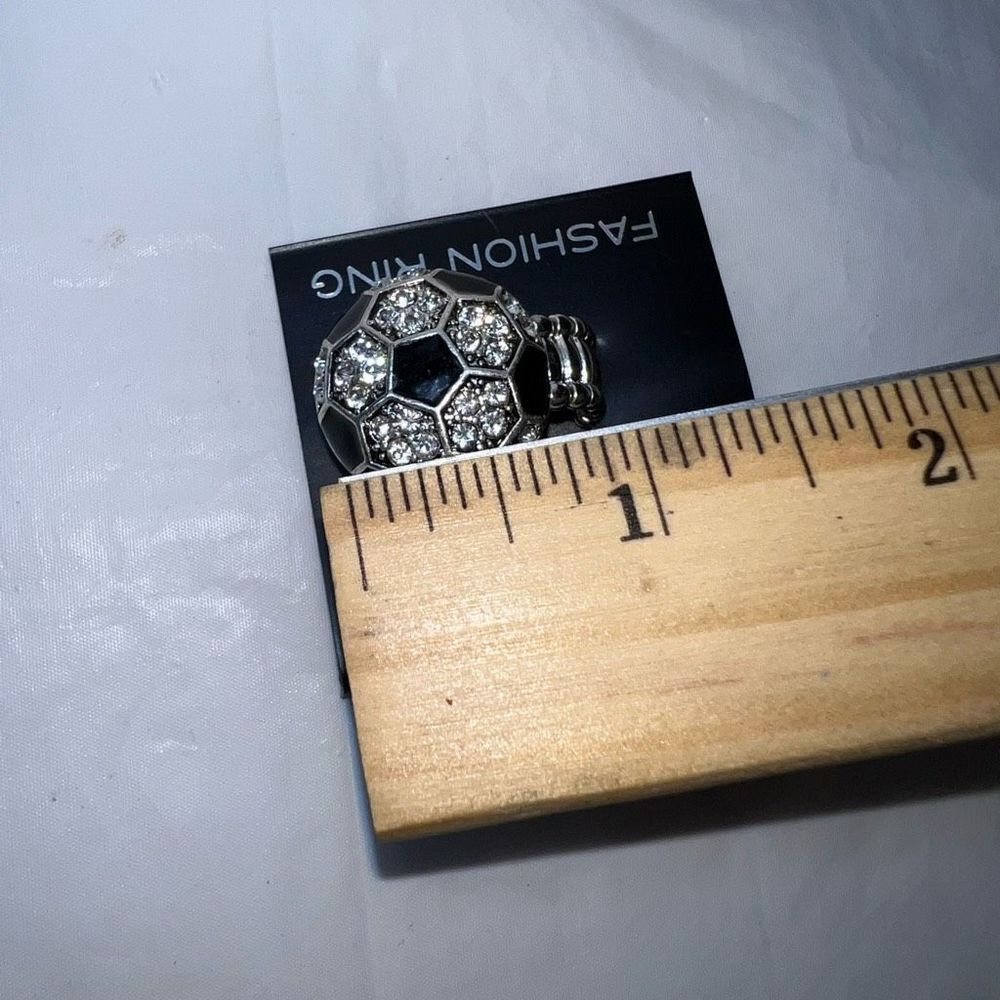Ladies Black With Clear Rhinestone Soccer Stretch Ring - Picture 6 of 6